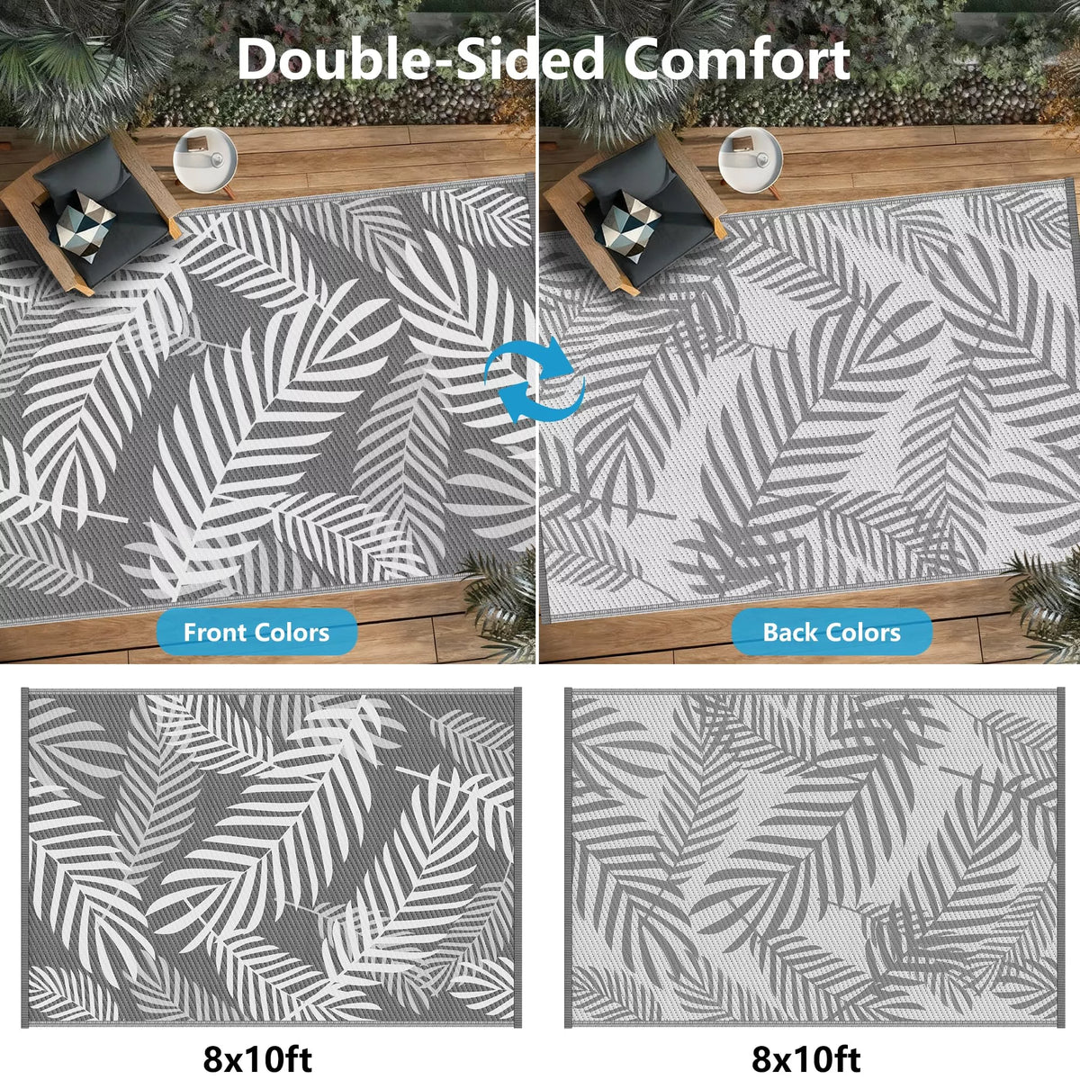 Double-sided outdoor rug with leaf pattern on a wooden deck. 