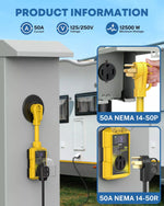 Electricity outlet with NEMA 14-50P and NEMA 14-50R plugs, connected to a vehicle 