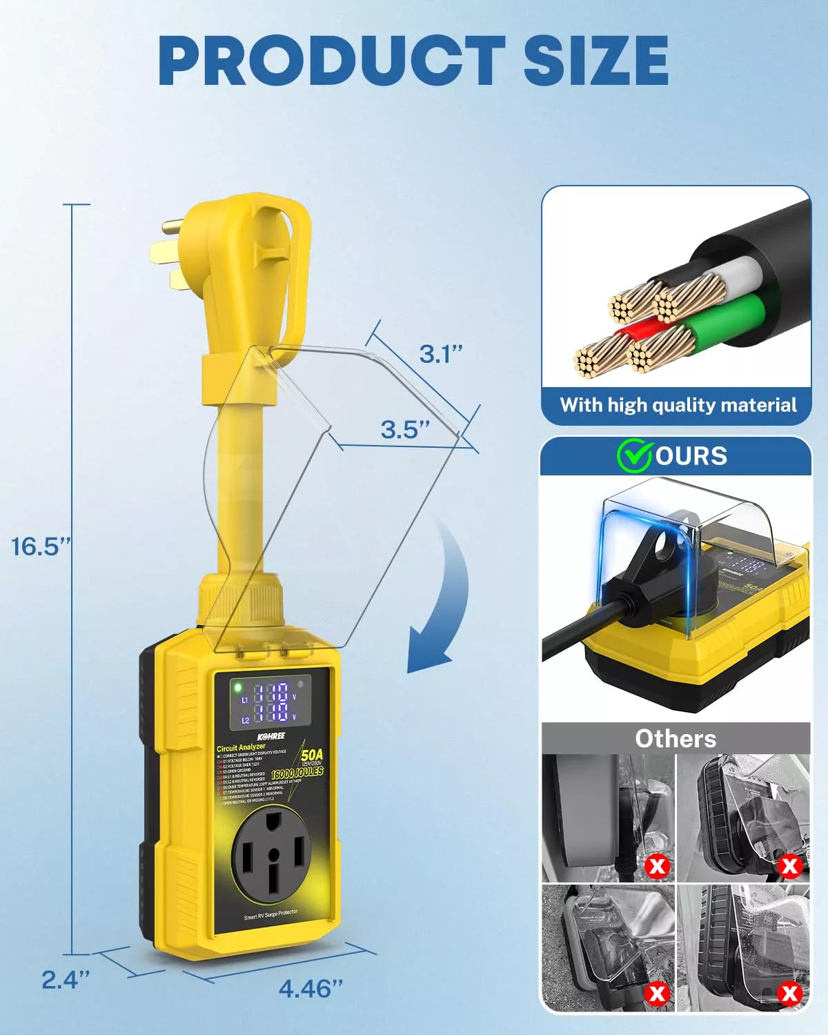 Yellow electrical tester with dimensions and quality material features 