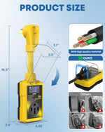 Yellow electrical tester with dimensions and quality material features 