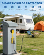 Smart RV surge protector with an RV and tent in a camping setting 