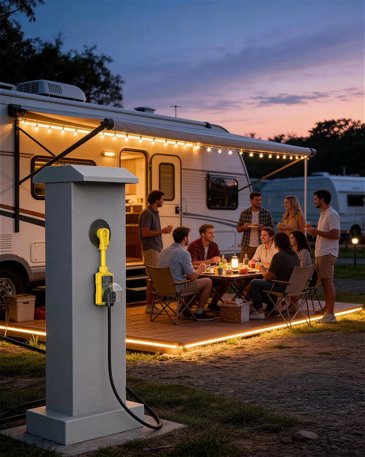 Group of people gathered around a dining table outside an RV at dusk, with a charging station 
