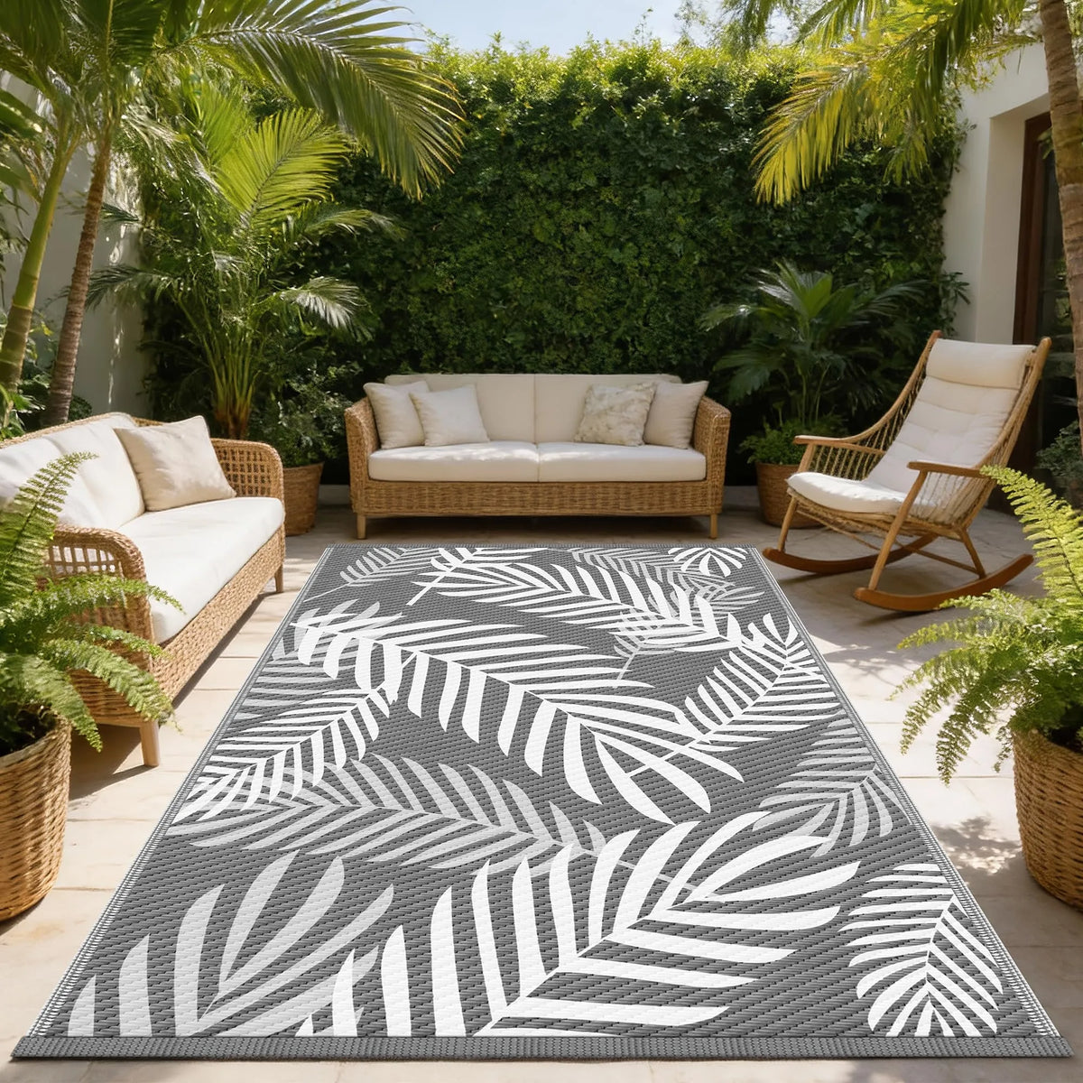 Outdoor Rug, Leaf, 6x9 ft, Grey & White