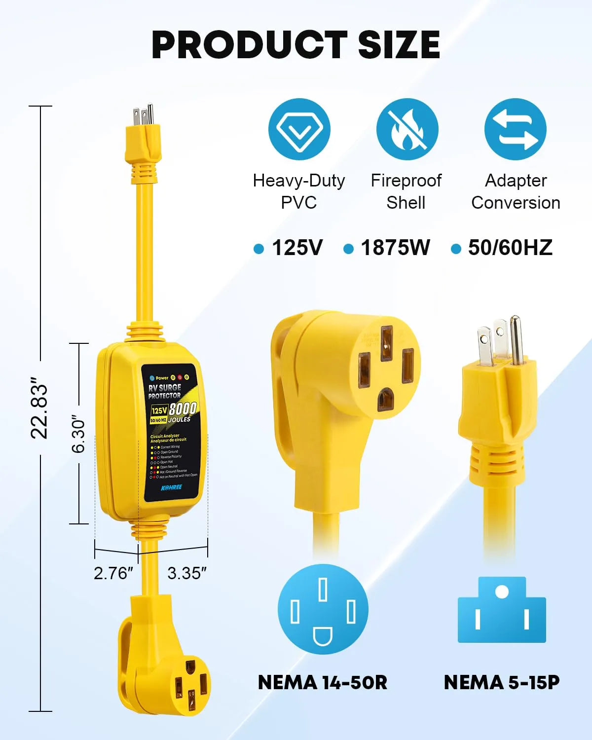 Kohree 15A to 50A RV adapter product dimensions 22.83 inches with NEMA 14-50R female and NEMA 5-15P male connectors labeled