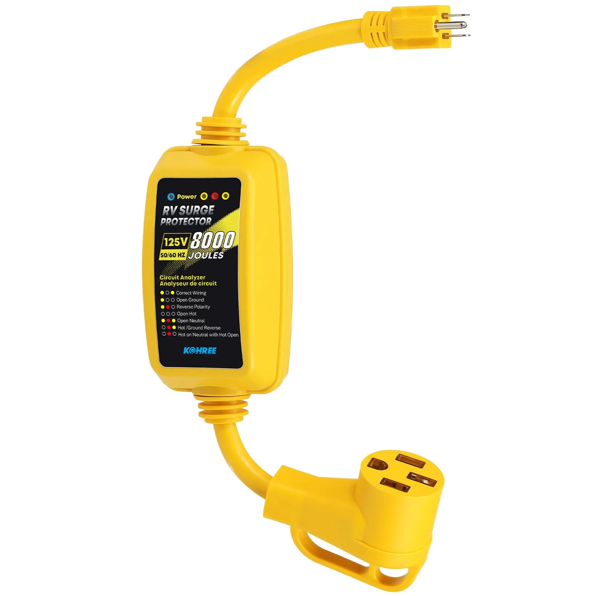 Kohree 15 Amp to 50 Amp RV adapter with 8000-joule surge protection and circuit analyzer, yellow housing
