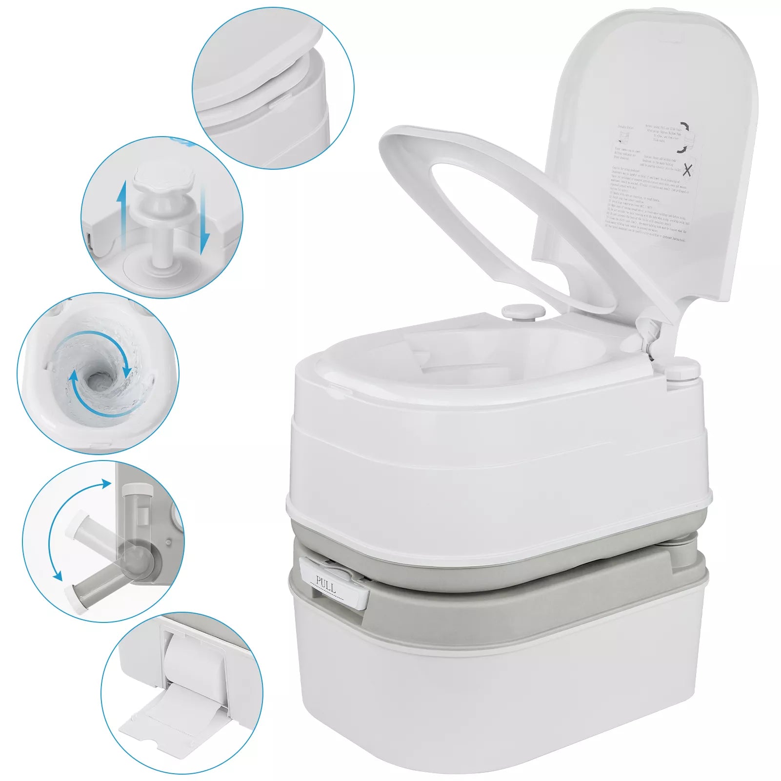 Portable toilet with open lid showing internal components