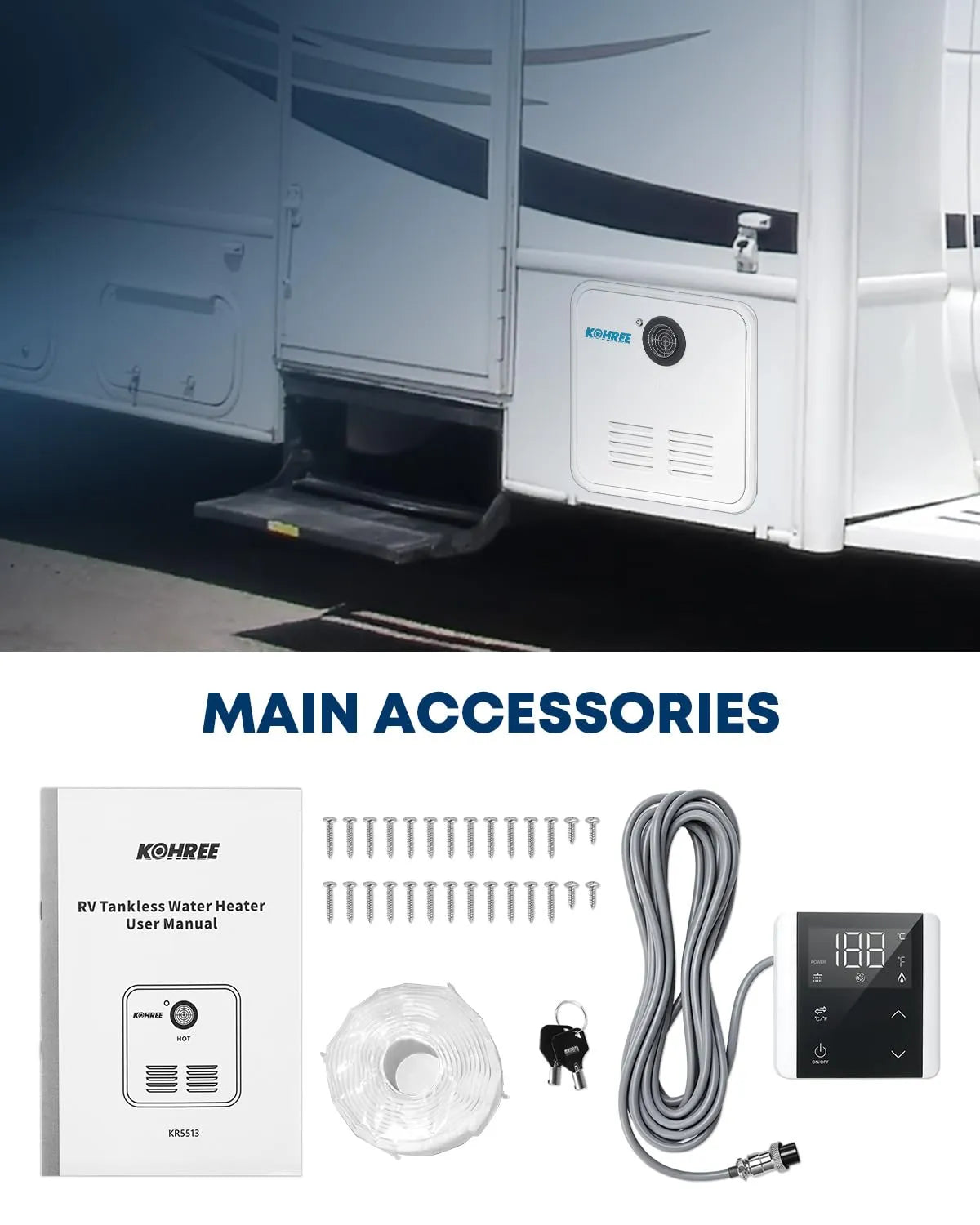 Kohree 65,000 BTU Propane Tankless RV Water Heater Package Contents Including Remote Control and Door Panel
