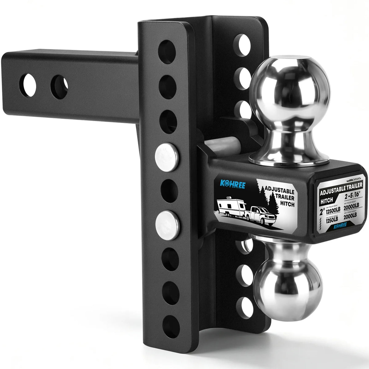 A black adjustable trailer hitch with polished silver ball bearings on both ends, featuring a black label