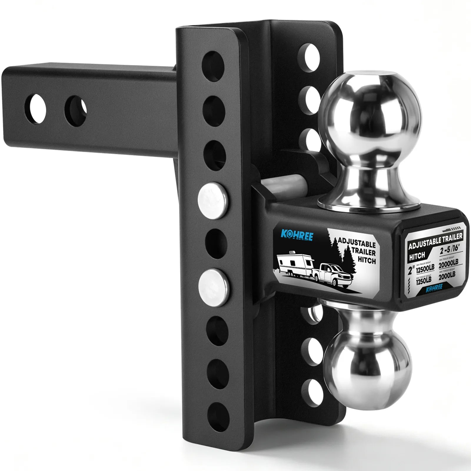 A black adjustable trailer hitch with polished silver ball bearings on both ends, featuring a black label