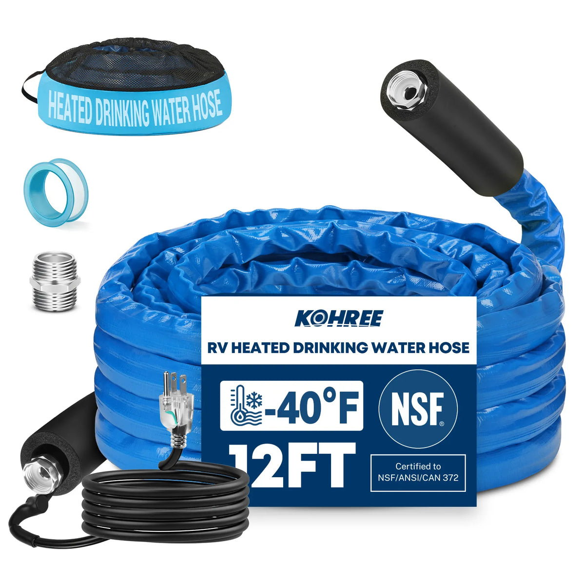 Kohree collapsible heated RV drinking water hose for compact storage and cold-weather hookups. 