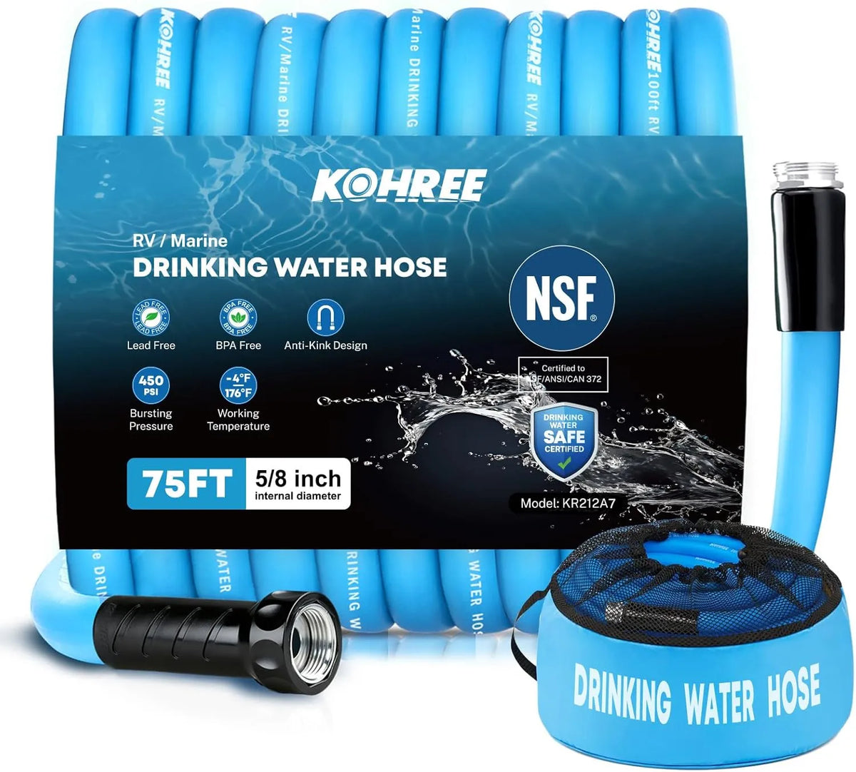 Kohree blue nsf certified rv Water hose 75 ft 