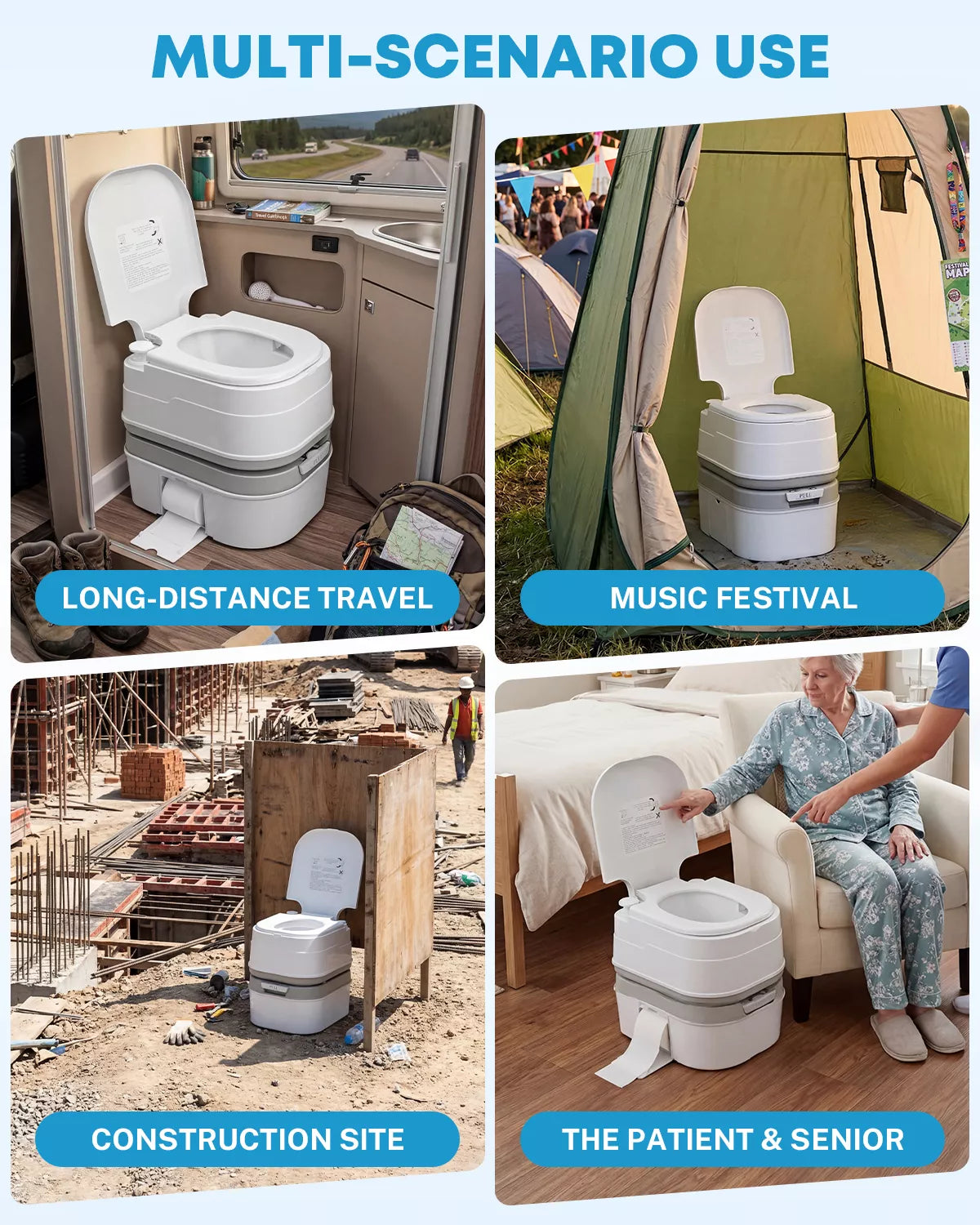 Portable toilet used in various scenarios including long-distance travel, music festivals, construction sites, and for patients and seniors.