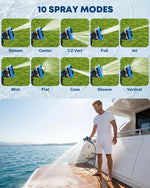 Spray nozzle with 10 spray modes displayed on a boat by the water.