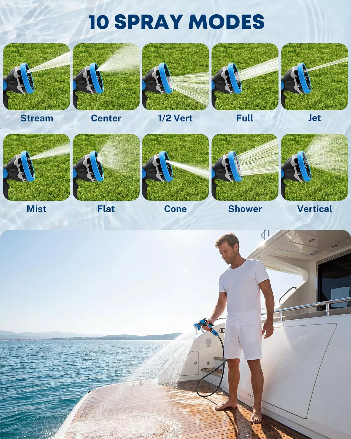 Spray nozzle with 10 spray modes displayed on a boat by the water.