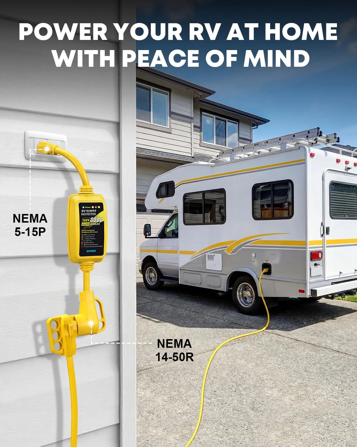Kohree RV adapter plugged into 15 amp household outlet in home driveway, powering RV with NEMA 5-15P to 14-50R connection