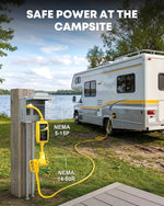 Kohree RV surge protector adapter connected to campsite power pedestal with NEMA 5-15P input and NEMA 14-50R output to RV