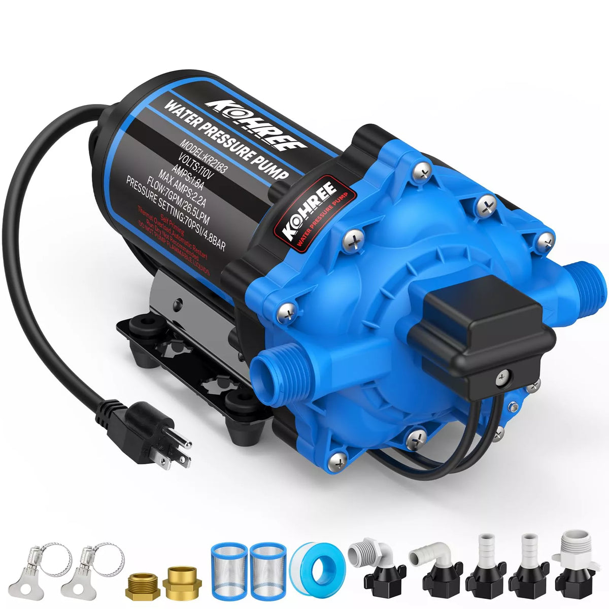 Blue and black water pressure pump with accessories 
