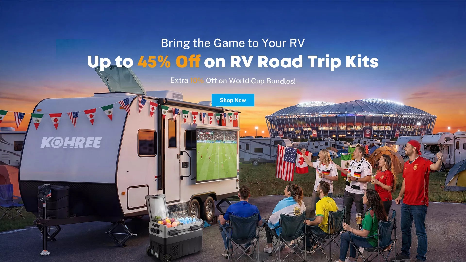 Promotional image of an RV with people around, featuring a KOHREE trailer and text about RV road trip kits