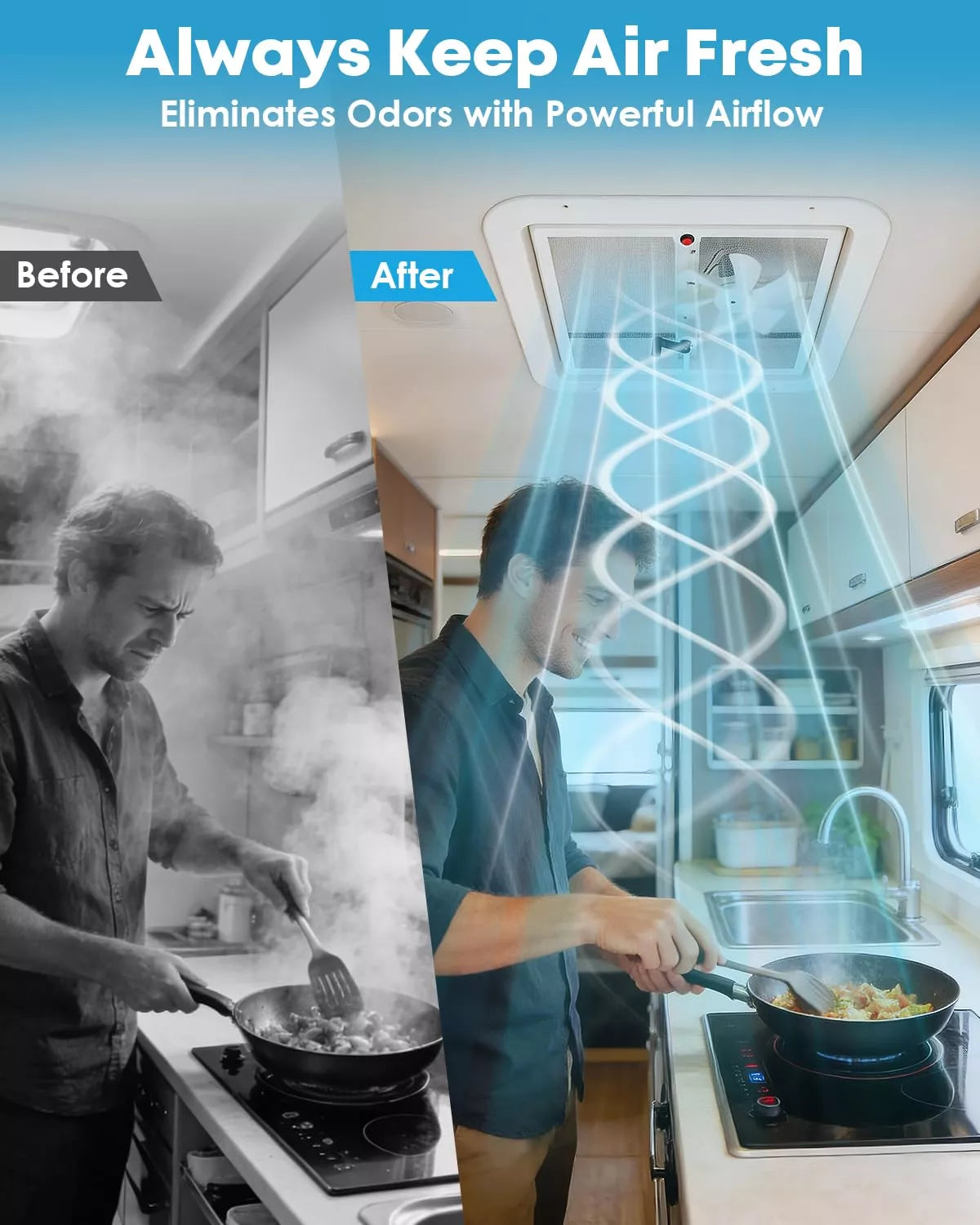 Before and after comparison of a person cooking in a kitchen with kohree rv fans and vents