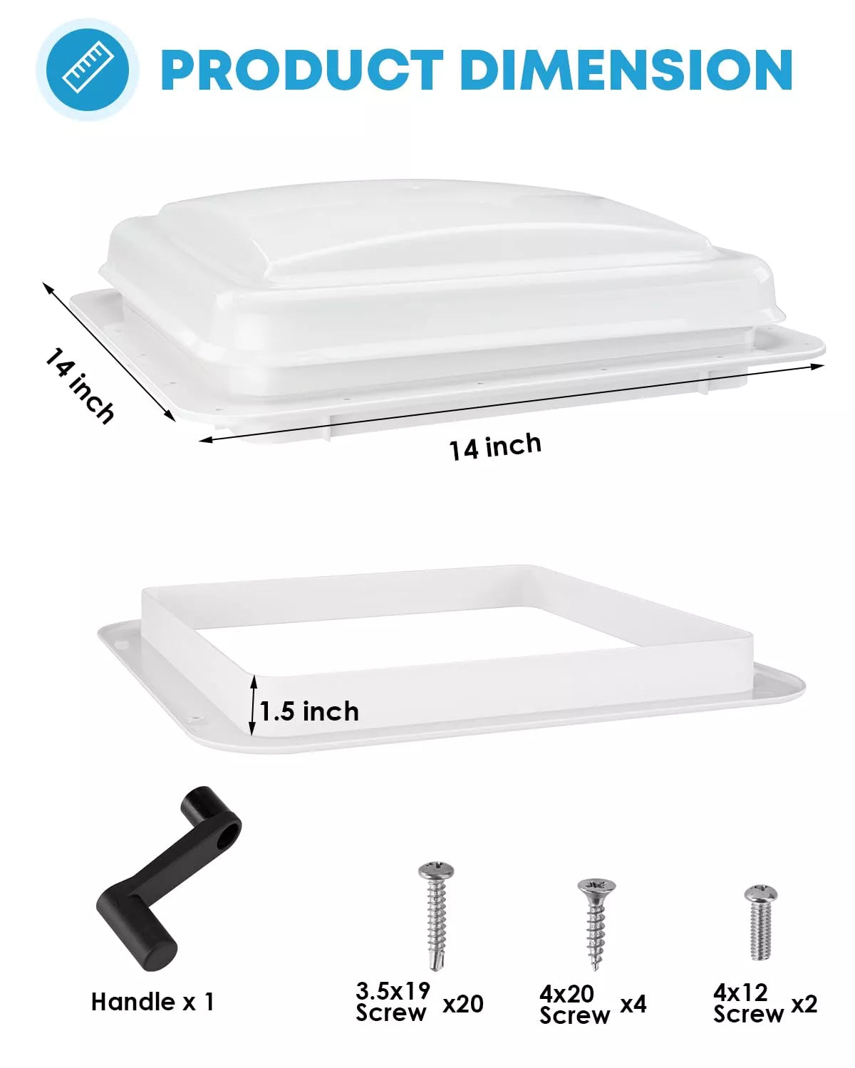 White roof vent with dimensions and accessories