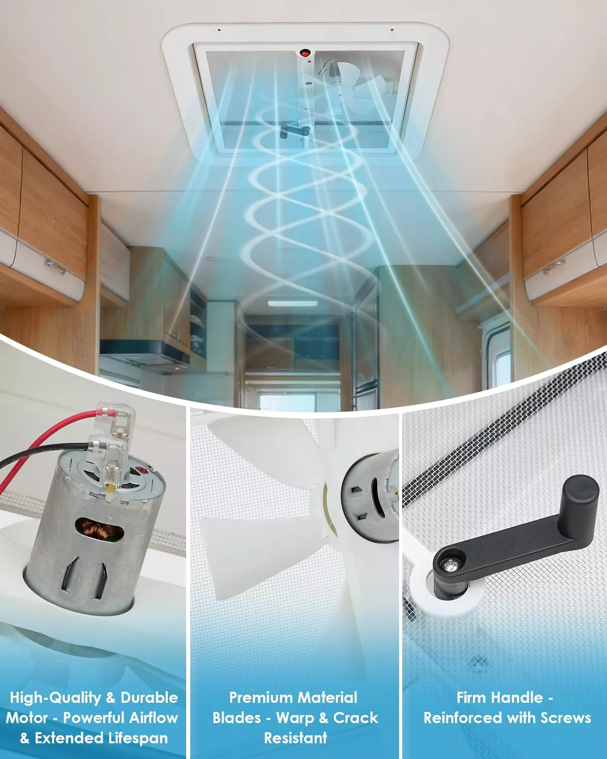 Kohree manual roof fan with motor, blades, and handle components