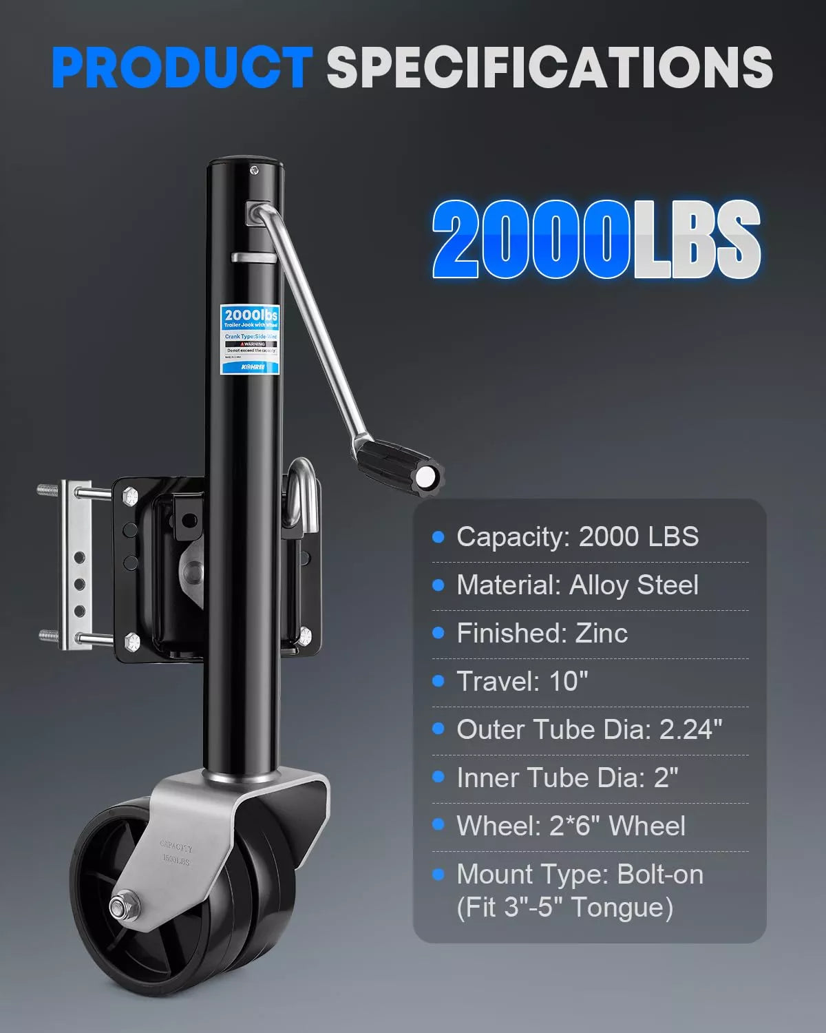 Kohree manual trailer wheel jack 2000 lbs specifications