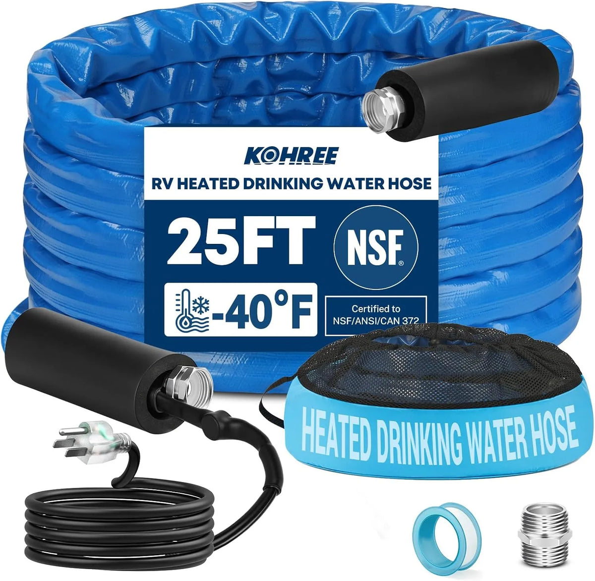 Kohree heated RV drinking water hose certified to NSF/ANSI/CAN 372 lead-content requirements. 