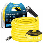 Yellow drinking water hose with black nozzle and packaging 