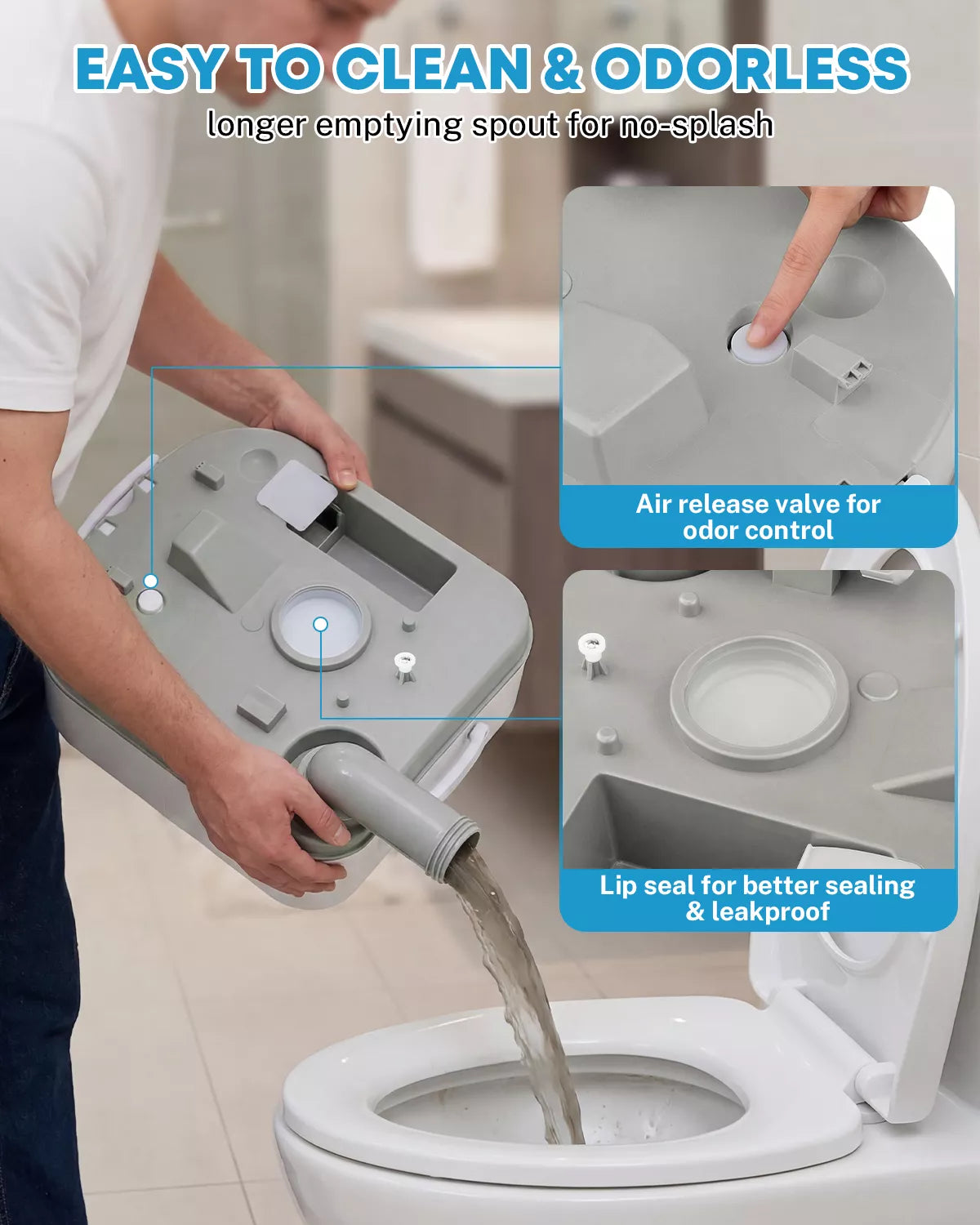 Person using a cleaning tool on a toilet with features highlighted.