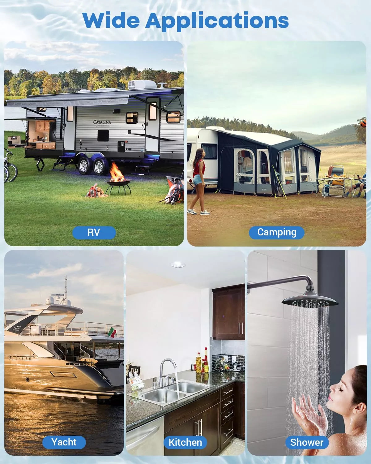 Application of a rv water pump, including RVs, camping, yachts, kitchens, and showers.