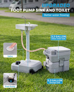 Portable foot pump sink and toilet system on grass