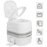 Portable toilet with icons indicating weight, water level, and flush control
