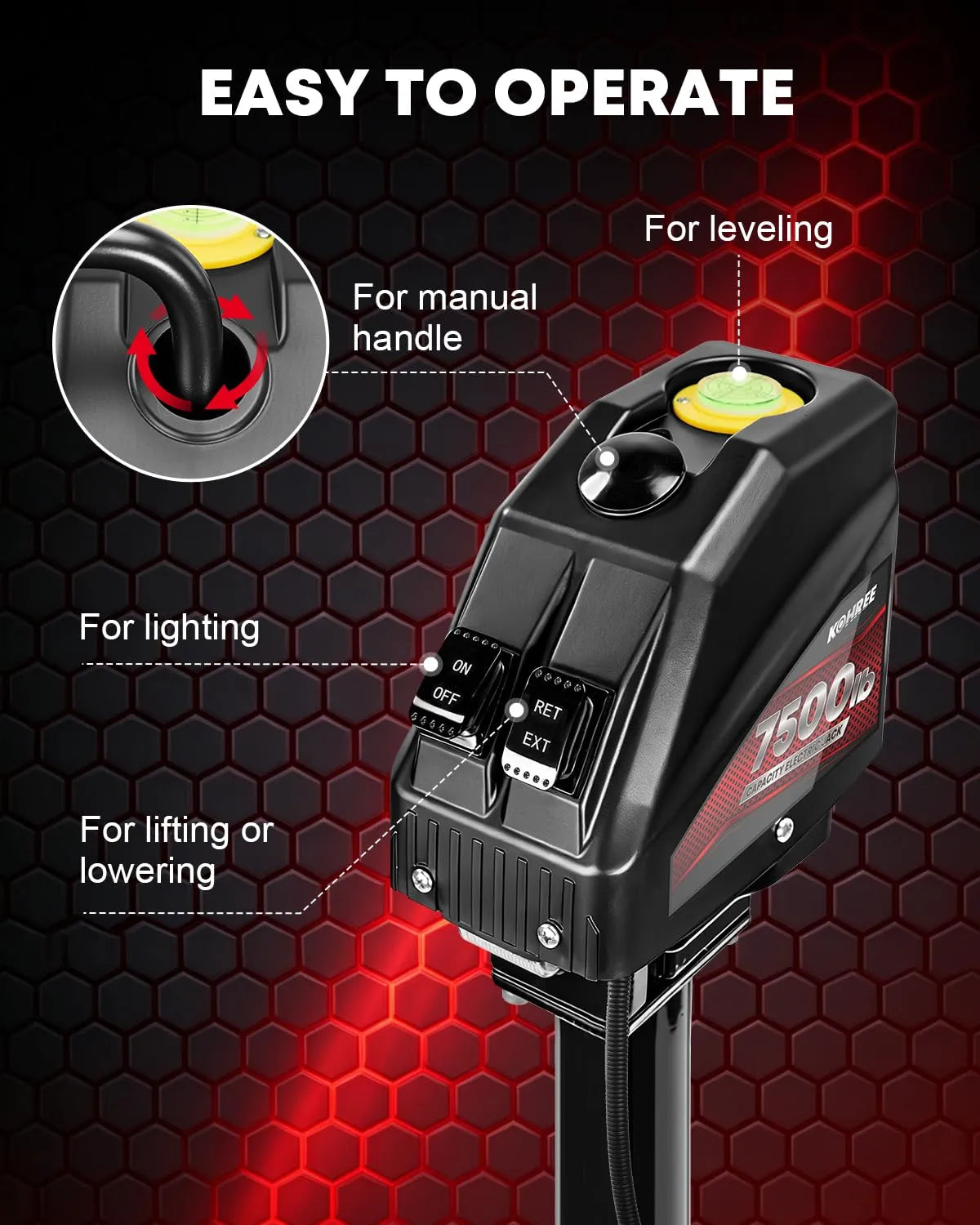Easy to operate power tongue jack 7500 lbs with led light 