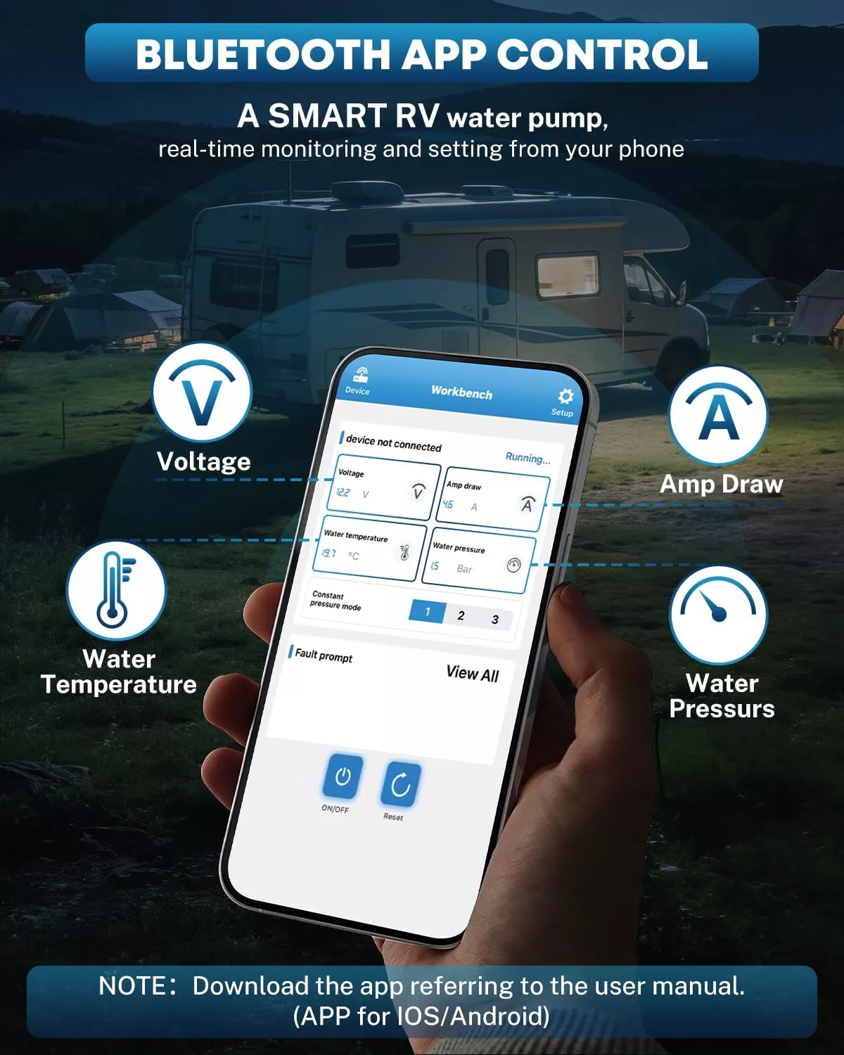 Smart 5.5 gpm RV water pump control app on a phone with app features displayed.