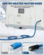 Heated RV water hose with textured rubber grips for easier connection and disconnection by hand. 