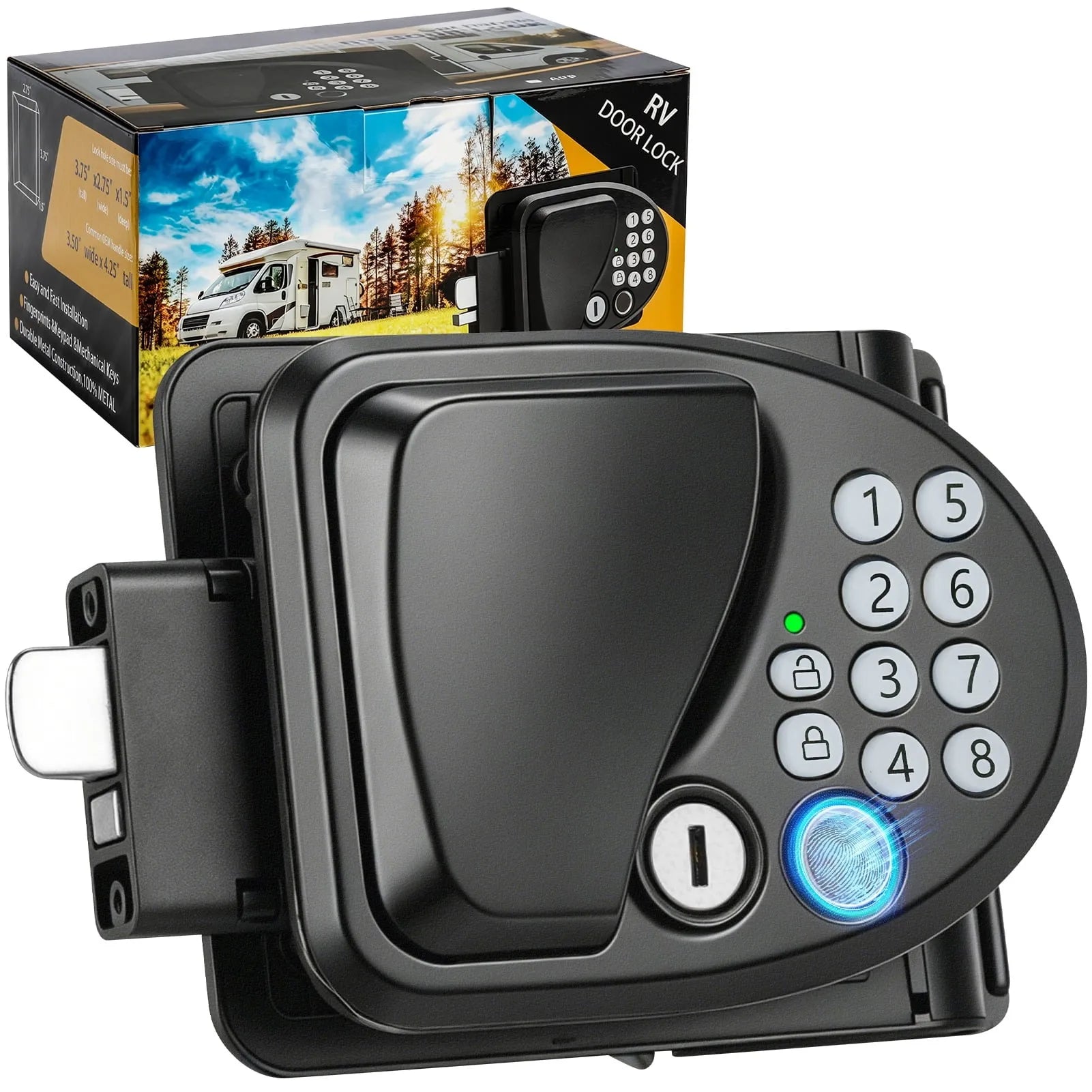 Black electronic RV door lock with keypad and fingerprint sensor 