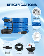 Heated RV water hose for compatible cold-weather water connections at homes, farms, and outdoor sites. 