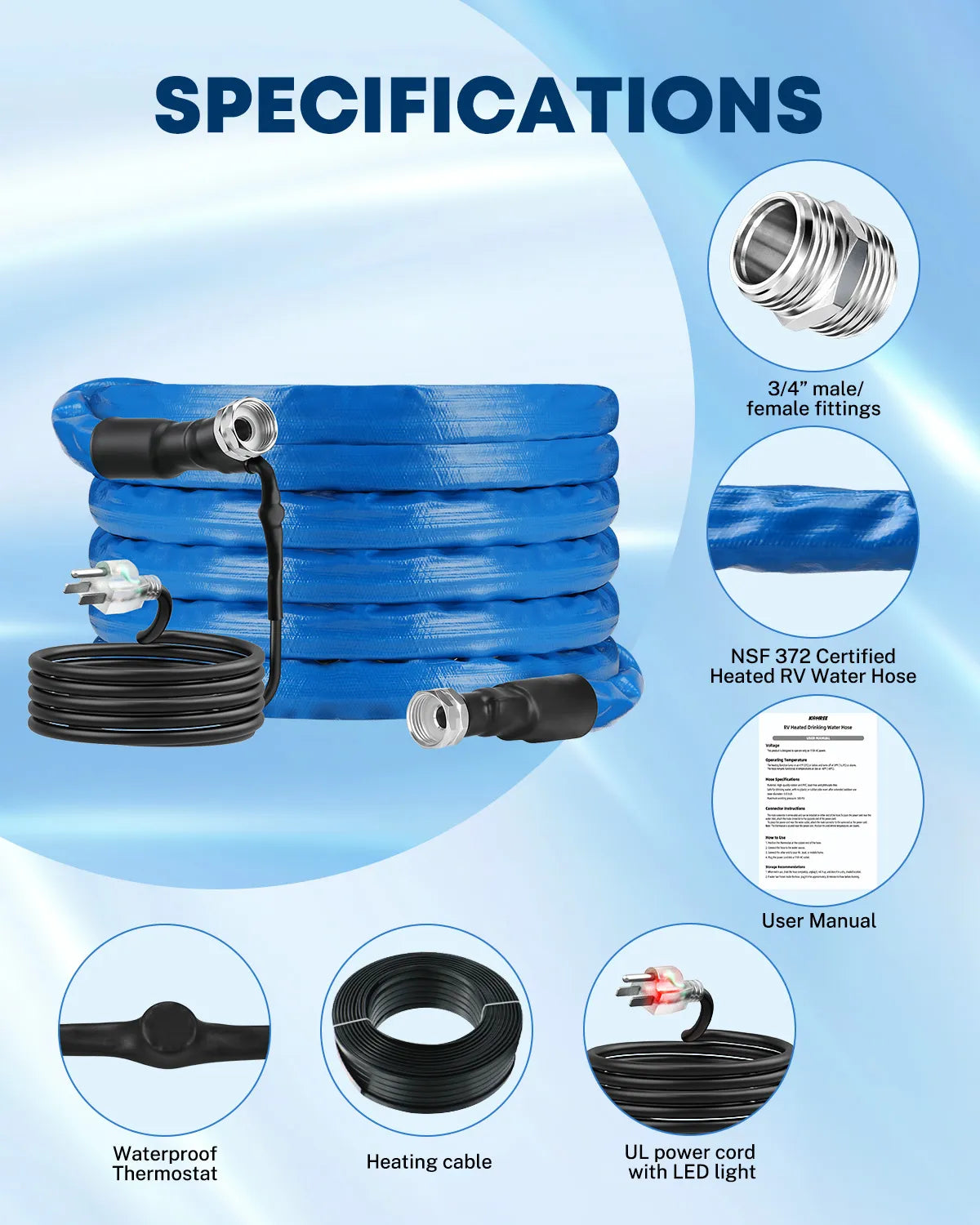 Heated RV water hose for compatible cold-weather water connections at homes, farms, and outdoor sites. 