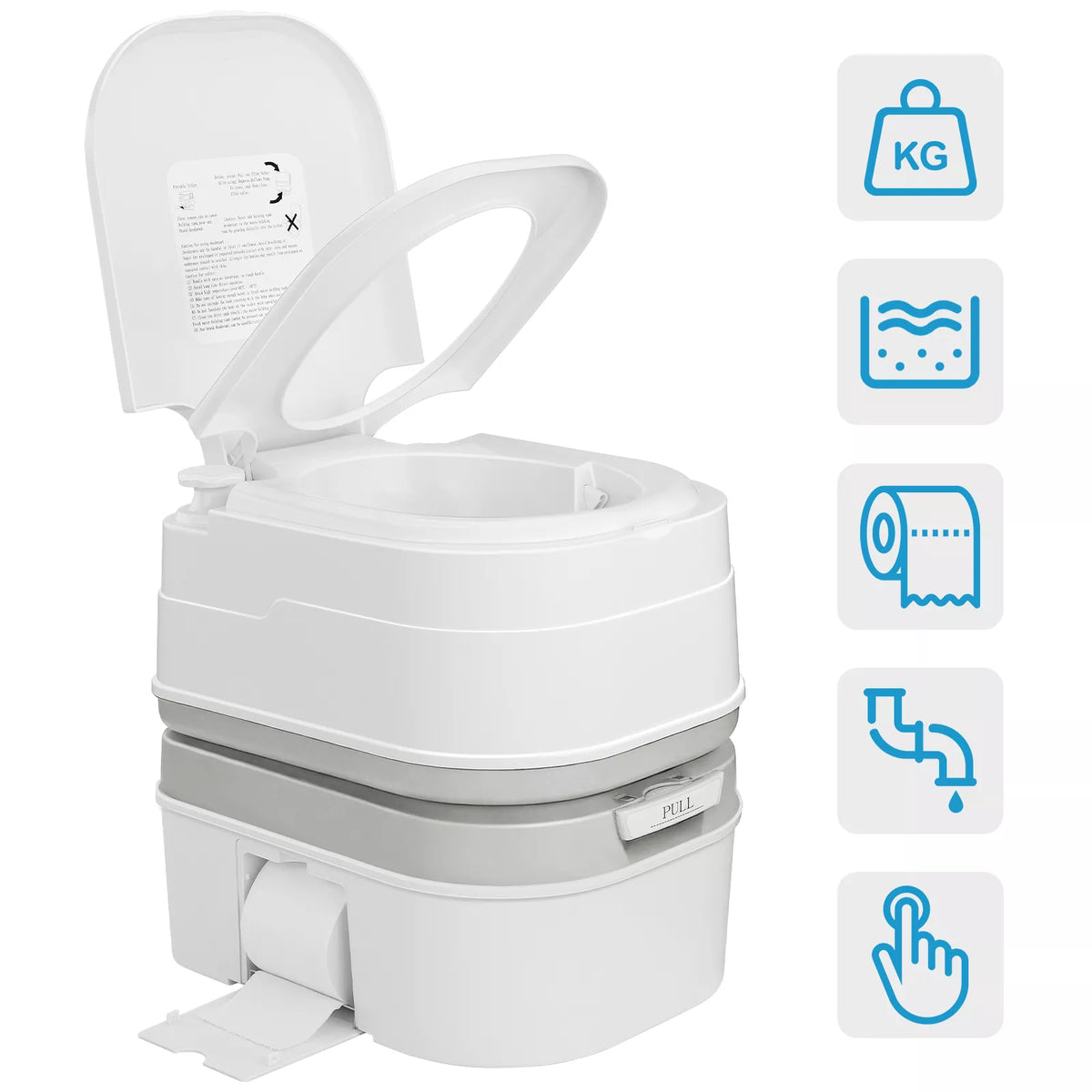 Portable toilet with icons indicating weight, water level, and flush options