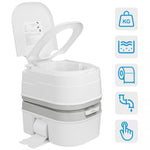 Portable toilet with icons indicating weight, water level, and flush options