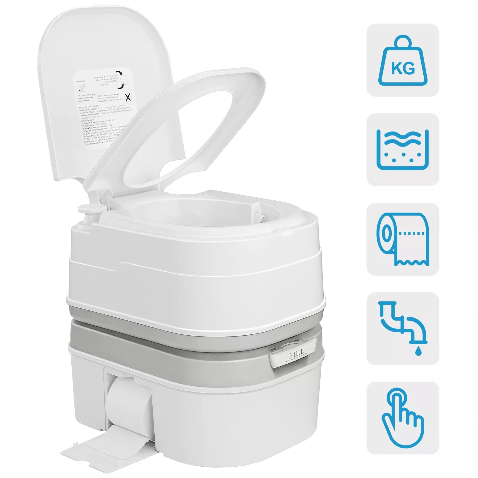 Portable toilet with icons indicating weight, water level, and flush options