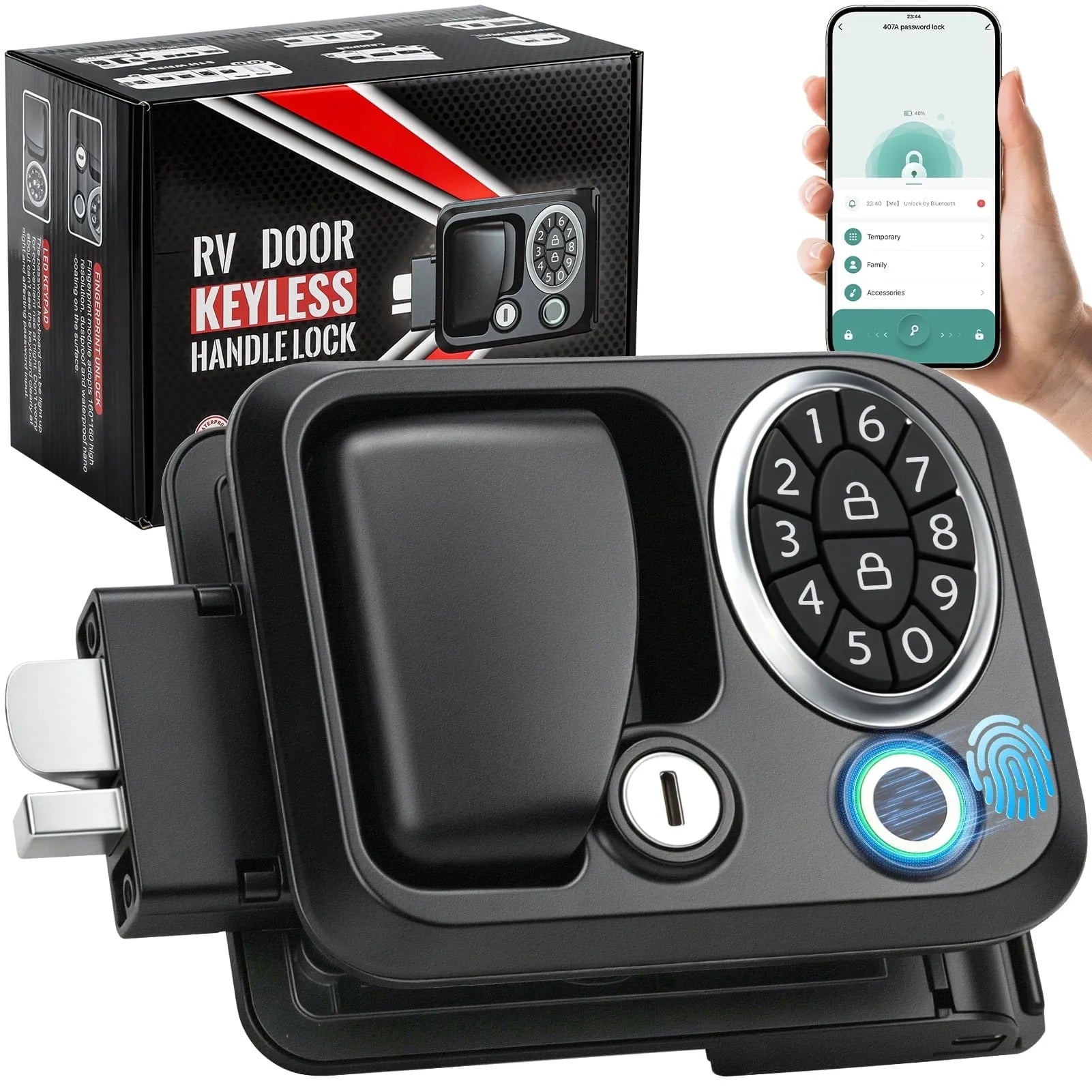Black electronic keyless handle lock for RV doors with app control 