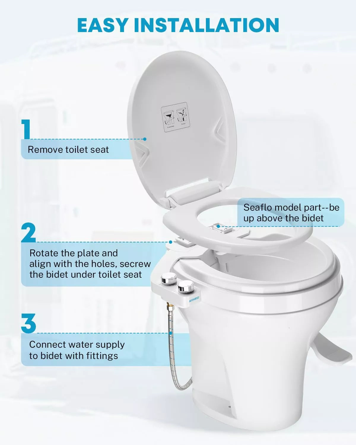 RV bidet attachment installed on a compact RV toilet