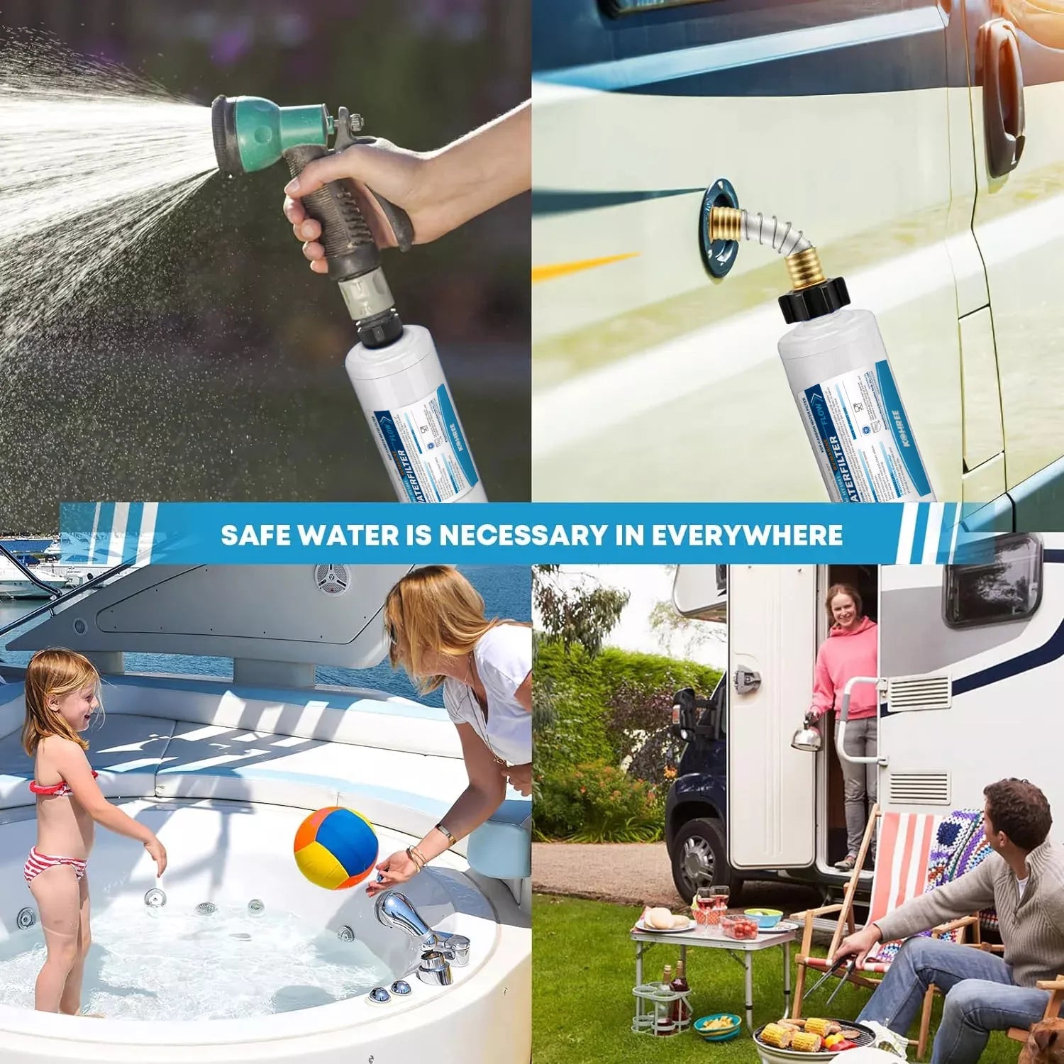 RV water filter inline application for water pump, car with water dispenser, family at a pool, and people around