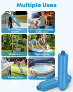 Blue water filter with multiple uses including RV, camping, gardening, and pet care
