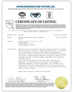 Kohree rv water filter certificate of listing for a drinking water treatment unit from IAPMO Research and Testing, Inc.
