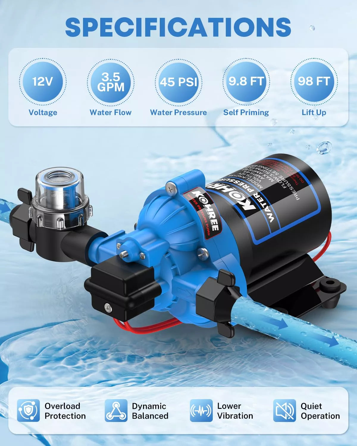 Specifications of kohree rv water pump 3.5 gpm 45 psi