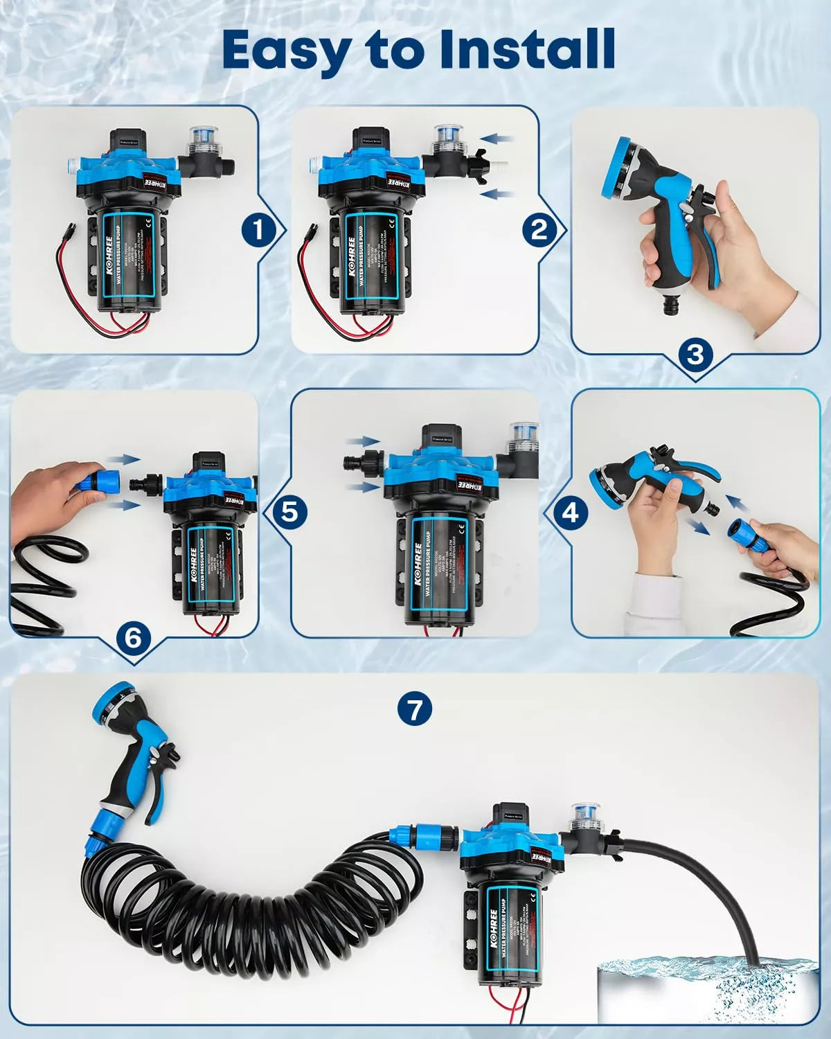 Step-by-step installation guide for a water pump system with blue and black components.