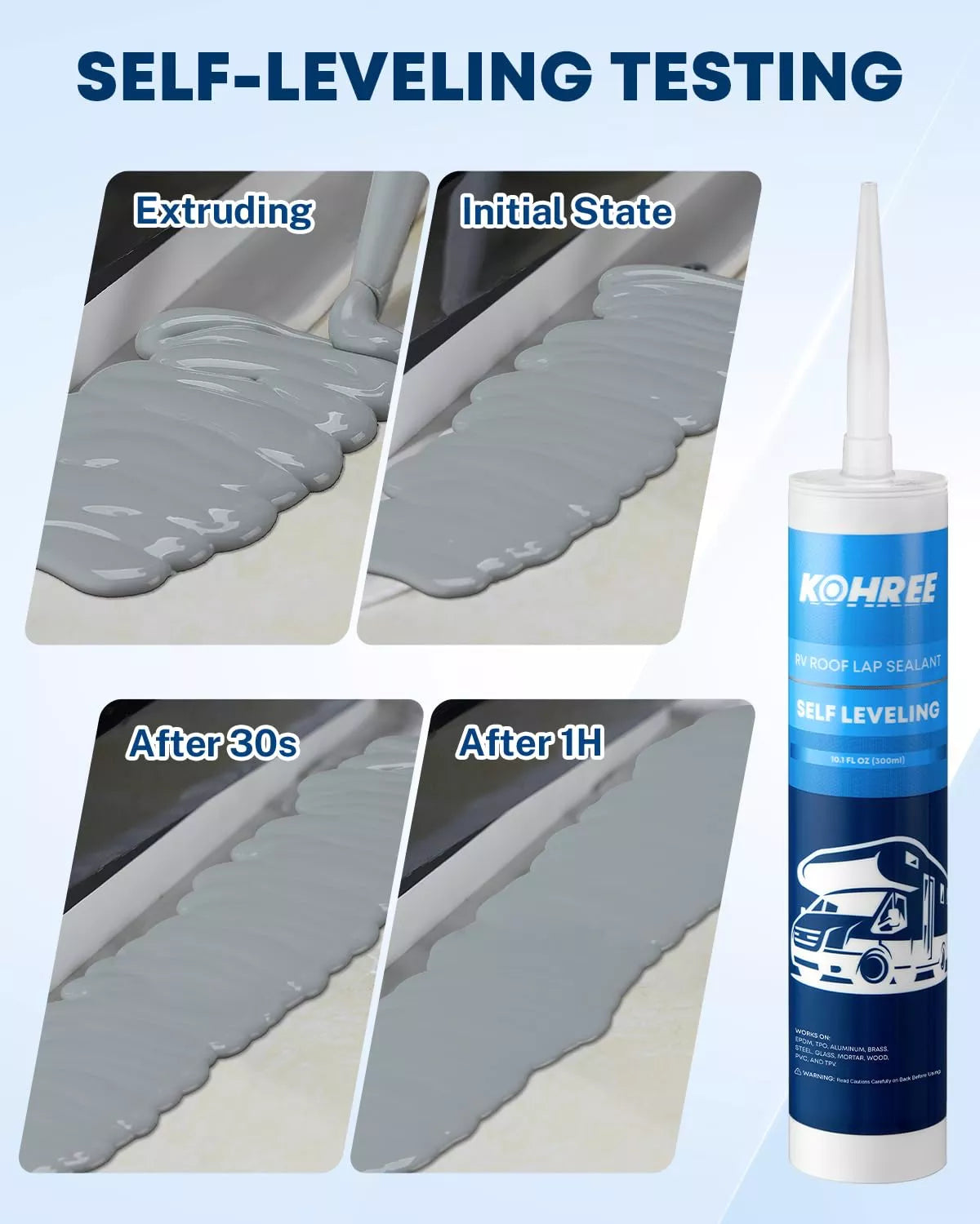 Kohree self-leveling sealant with stages of application on a surface. 