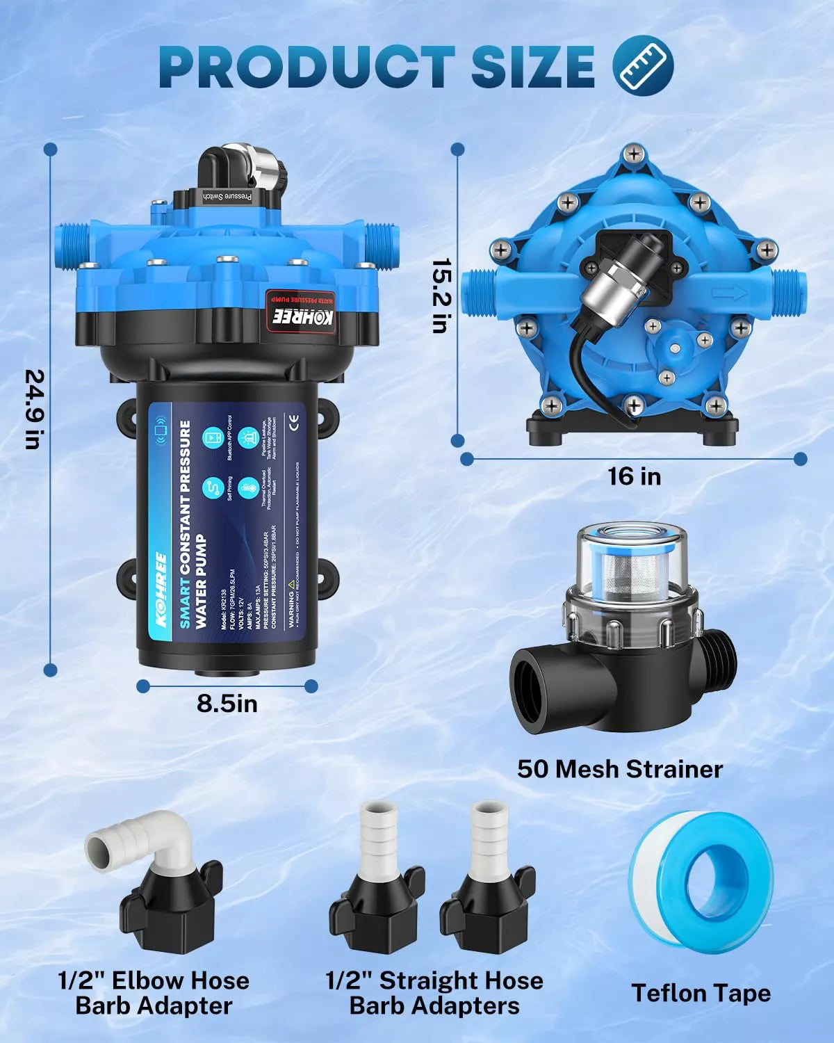 Kohree smart rv water pump 7 gpm and its components with measurements